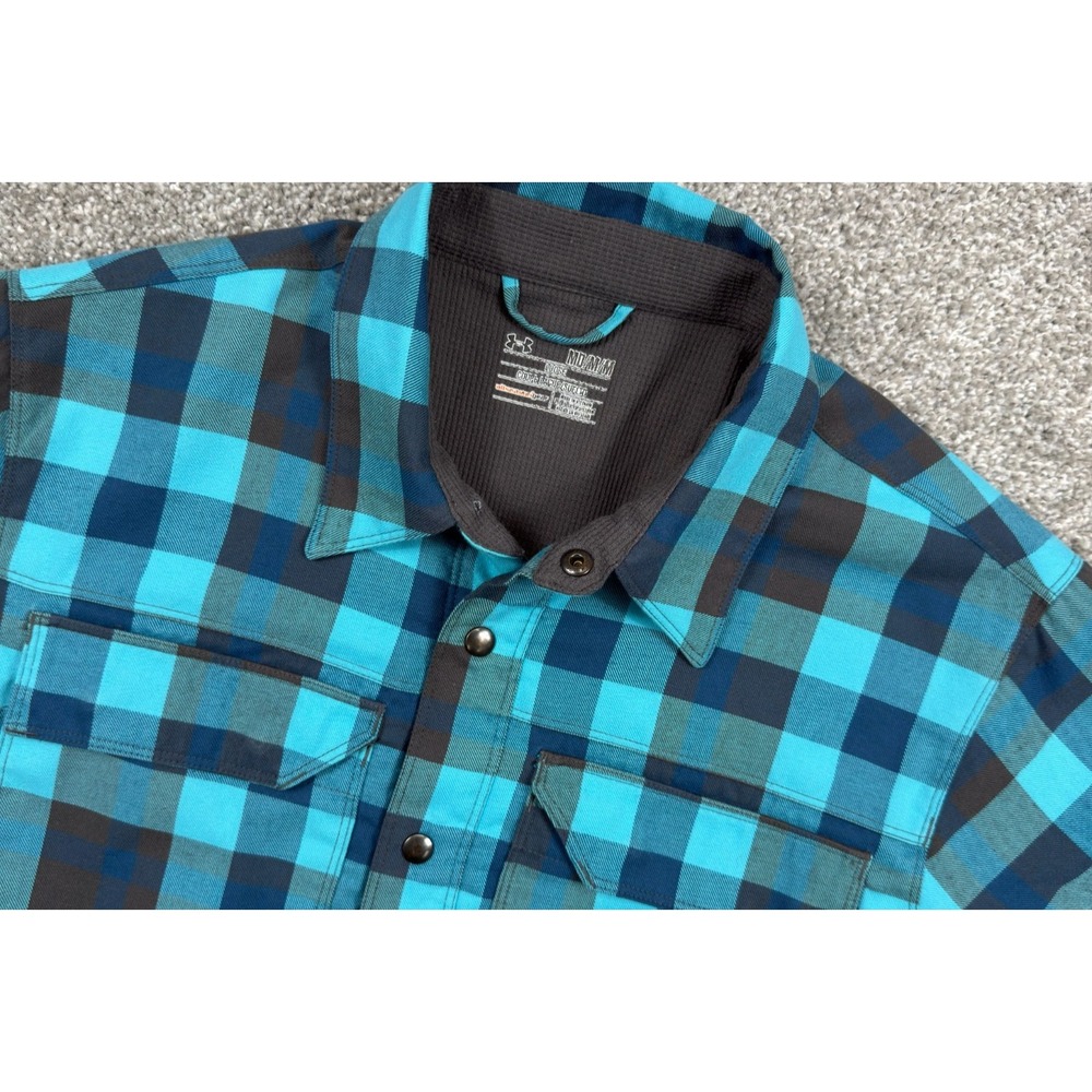 Under Armour Shacket Mens M Blue Teal Plaid Thermal Lined Snap Front Heavyweight